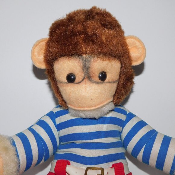 Vintage 15" Plush Stuffed Monkey In Blue White Striped Shirt Red Pants Chimp Ape - Picture 2 of 6